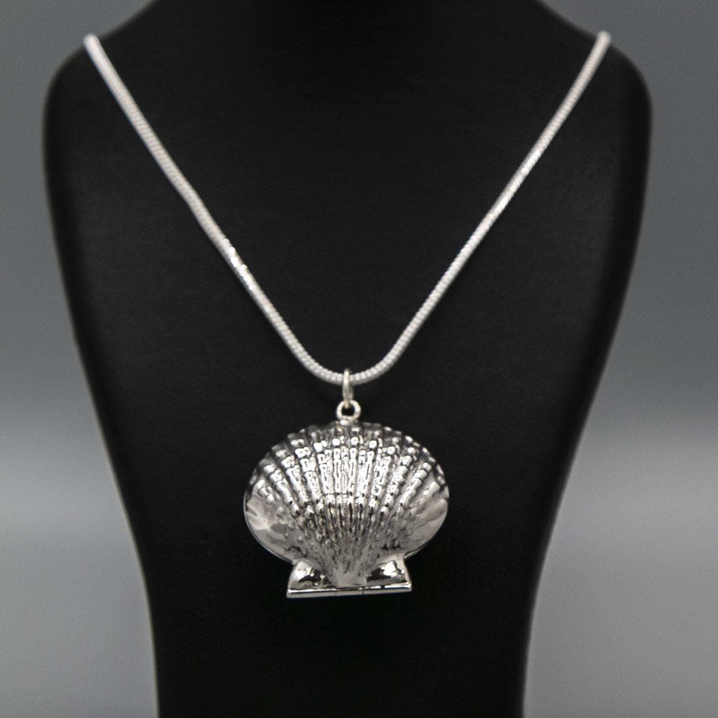Sterling silver clam shell-shaped photo locket pendant on thick silver italian chain