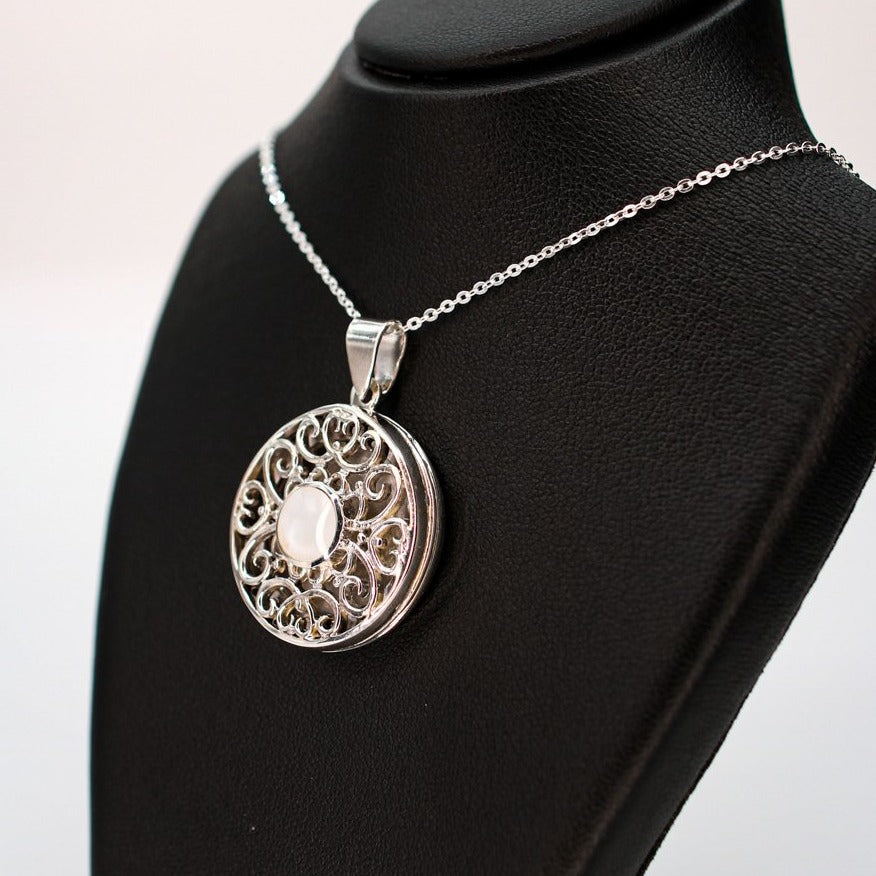 Personalised photo necklace - large round locket with a mother of pearl insert