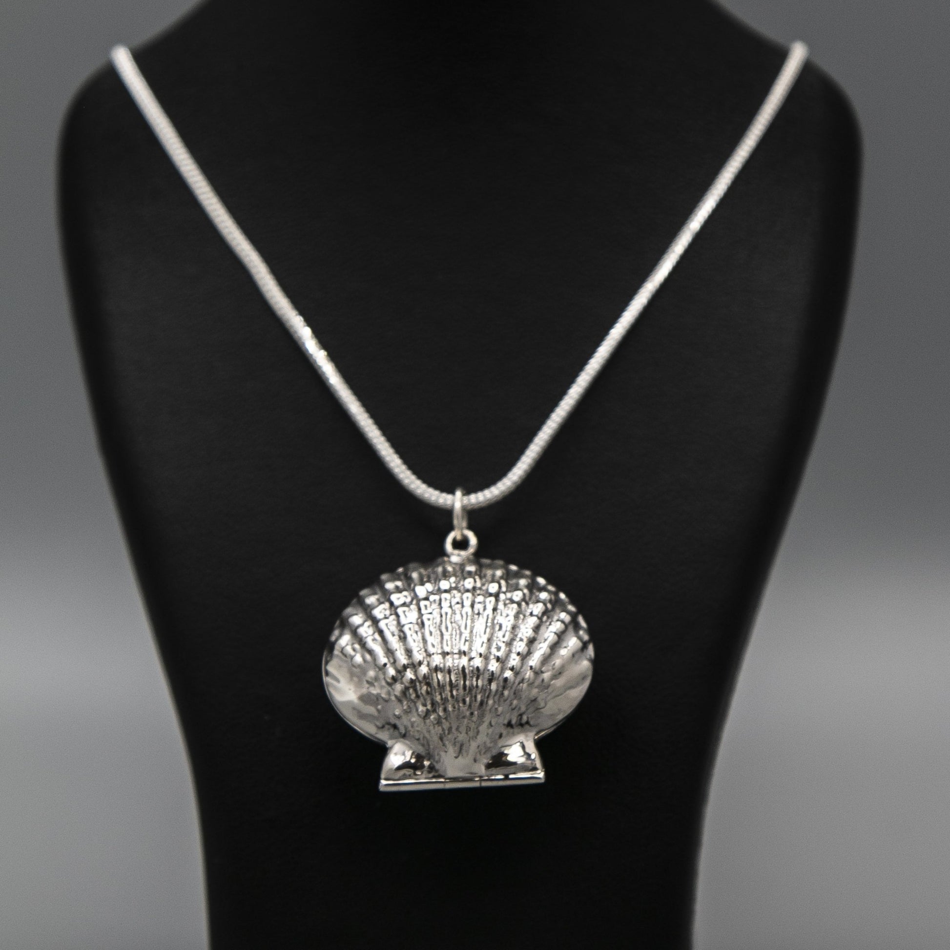 Sterling silver clam shell-shaped photo locket pendant on thick silver italian chain